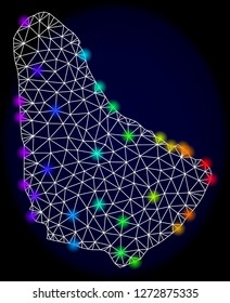 Mesh vector map of Barbados with glare effect. Light spots have bright spectrum colors. Abstract lines, triangles, light spots and points on a dark background with map of Barbados.