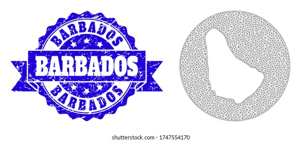 Mapa vectorial de malla de Barbados con marca de agua rayada. El mapa triangular neto de Barbados es un agujero en forma redonda. Marca de agua rayada de rosette azul con cinta.