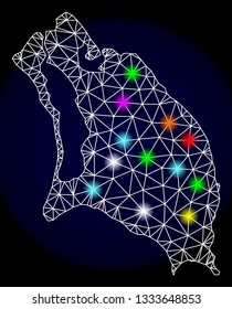 Mesh vector map of Barbuda Island with glare effect on a dark background. Abstract lines, triangles, light colored spots and points forms map of Barbuda Island.