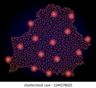 Mesh vector map of Belarus with glare effect. Red abstract lines, light spots and points on a dark background with map of Belarus.