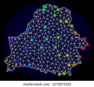 Mesh vector map of Belarus with glare effect. Light spots have bright spectrum colors. Abstract lines, triangles, light spots and points on a dark background with map of Belarus.