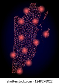 Mesh vector map of Belize with glare effect. Red abstract lines, light spots and points on a dark background with map of Belize.