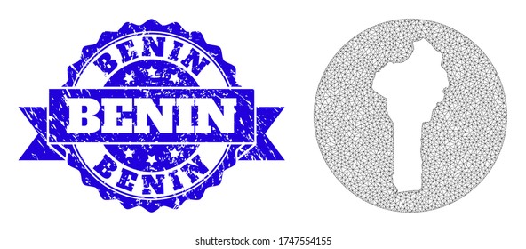 Mesh vector map of Benin with scratched stamp. Triangular mesh map of Benin is stencils in a circle. Blue round scratched stamp with ribbon.