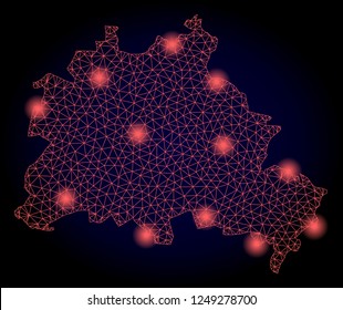 Mesh vector map of Berlin City with glare effect. Red abstract lines, light spots and points on a dark background with map of Berlin City.
