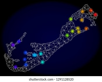 Mesh vector map of Bermuda Islands with glare effect on a dark background. Light spots have bright spectrum colors. Abstract lines, triangles, light spots and points forms map of Bermuda Islands.