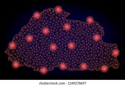 Mesh vector map of Bhutan with glare effect. Red abstract lines, light spots and points on a dark background with map of Bhutan.