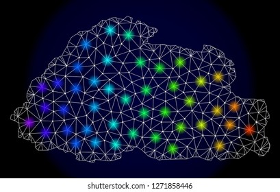 Mesh vector map of Bhutan with glare effect. Light spots have bright spectrum colors. Abstract lines, triangles, light spots and points on a dark background with map of Bhutan.