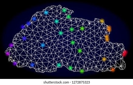 Mesh vector map of Bhutan with glare effect. Light spots have bright spectrum colors. Abstract lines, triangles, light spots and points on a dark background with map of Bhutan.