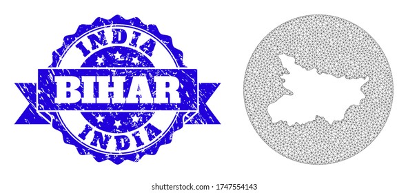 Mesh vector map of Bihar State with scratched seal. Triangle mesh map of Bihar State is subtracted from a round shape. Blue round distress seal stamp with ribbon.