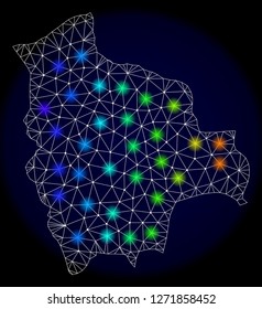 Mesh vector map of Bolivia with glare effect. Light spots have bright spectrum colors. Abstract lines, triangles, light spots and points on a dark background with map of Bolivia.