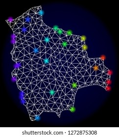 Mesh vector map of Bolivia with glare effect. Light spots have bright spectrum colors. Abstract lines, triangles, light spots and points on a dark background with map of Bolivia.
