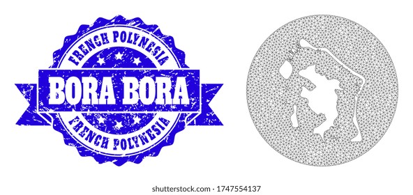 Mesh vector map of Bora-Bora with scratched watermark. Triangle mesh map of Bora-Bora is inverted in a round shape. Blue round scratched watermark has ribbon.