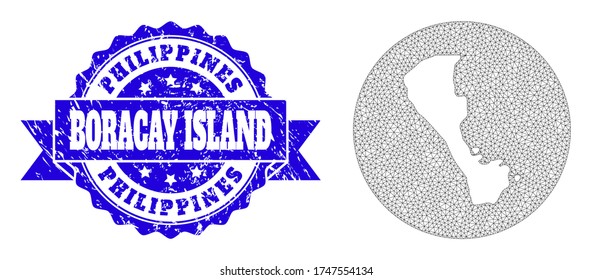 Mesh vector map of Boracay Island with grunge stamp. Triangle network map of Boracay Island is a hole in a circle. Blue rosette grunge seal stamp has ribbon.