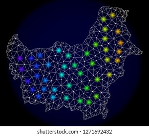 Mesh vector map of Borneo Island with glare effect. Light spots have bright spectrum colors. Abstract lines, triangles, light spots and points on a dark background with map of Borneo Island.