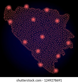 Mesh vector map of Bosnia and Herzegovina with glare effect. Red abstract lines, light spots and points on a dark background with map of Bosnia and Herzegovina.