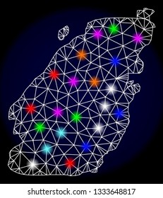 Mesh vector map of Bowen Island with glare effect on a dark background. Abstract lines, triangles, light colorful spots and points forms map of Bowen Island.