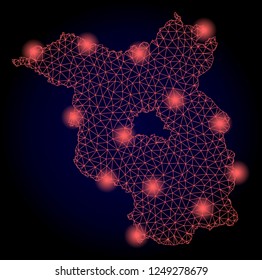 Mesh vector map of Brandenburg State with glare effect. Red abstract lines, light spots and points on a dark background with map of Brandenburg State.