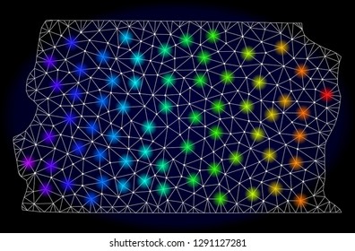 Mesh vector map of Brazil - Distrito Federal with glare effect on a dark background. Light spots have bright spectrum colors. Abstract lines, triangles,