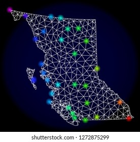 Mesh vector map of British Columbia Province with glare effect. Light spots have bright spectrum colors. Abstract lines, triangles,