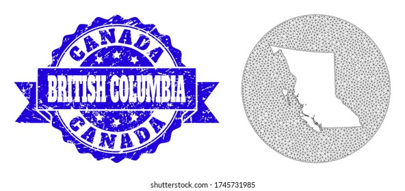 Mesh vector map of British Columbia Province with grunge stamp. Triangle net map of British Columbia Province is a hole in a round shape. Blue round grunge stamp with ribbon.