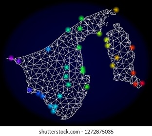 Mesh vector map of Brunei with glare effect. Light spots have bright spectrum colors. Abstract lines, triangles, light spots and points on a dark background with map of Brunei.