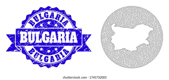 Mesh vector map of Bulgaria with grunge seal. Triangle network map of Bulgaria is a hole in a round shape. Blue round scratched seal with ribbon.