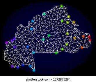 Mesh vector map of Burkina Faso with glare effect. Light spots have bright spectrum colors. Abstract lines, triangles, light spots and points on a dark background with map of Burkina Faso.