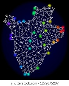 Mesh vector map of Burundi with glare effect. Light spots have bright spectrum colors. Abstract lines, triangles, light spots and points on a dark background with map of Burundi.
