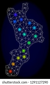 Mesh vector map of Calabria region with glare effect on a dark background. Light spots have bright spectrum colors. Abstract lines, triangles, light spots and points forms map of Calabria region.