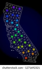 Mesh vector map of California State with glare effect. Light spots have bright spectrum colors. Abstract lines, triangles, light spots and points on a dark background with map of California State.