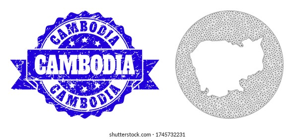 Mesh vector map of Cambodia with scratched seal stamp. Triangle mesh map of Cambodia is subtracted from a circle. Blue rounded distress seal stamp has ribbon.