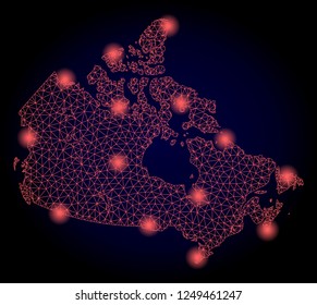 Mesh vector map of Canada with glare effect. Red abstract lines, light spots and points on a dark background with map of Canada.