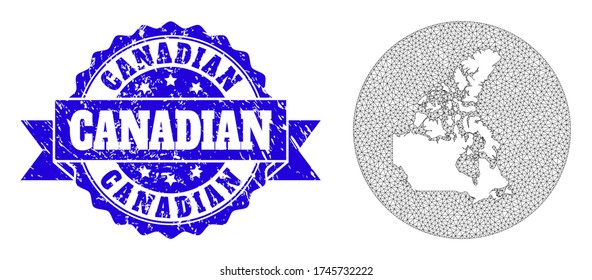 Mesh vector map of Canada with scratched seal stamp. Triangular mesh map of Canada is a hole in a round shape. Blue rosette grunge seal with ribbon.
