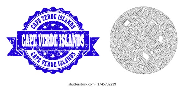 Mesh vector map of Cape Verde Islands with scratched stamp. Triangular net map of Cape Verde Islands is a hole in a round shape. Blue rosette scratched stamp with ribbon.