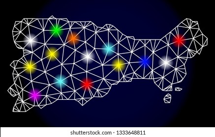 Mesh vector map of Capri Island with glare effect on a dark background. Abstract lines, triangles, light colorful spots and points forms map of Capri Island.