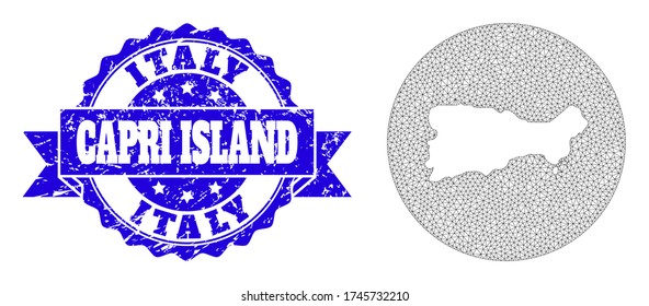 Mesh vector map of Capri Island with grunge stamp. Triangular mesh map of Capri Island is inverted in a round shape. Blue round grunge stamp with ribbon.