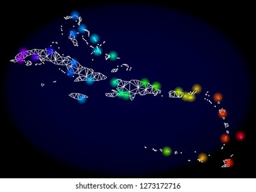 Mesh vector map of Caribbean Islands with glare effect. Light spots have bright spectrum colors. Abstract lines, triangles, light spots and points on a dark background with map of Caribbean Islands.