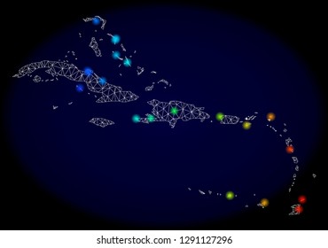 Mesh vector map of Caribbean Islands with glare effect on a dark background. Light spots have bright rainbow colors. Abstract lines, triangles, light spots and points forms map of Caribbean Islands.