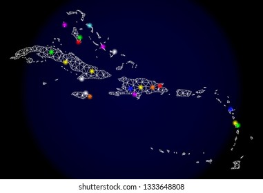 Mesh vector map of Caribbean Islands with glare effect on a dark background. Abstract lines, triangles, light colorful spots and points forms map of Caribbean Islands.