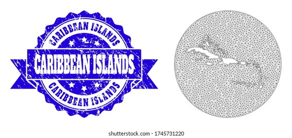 Mesh vector map of Caribbean Islands with scratched stamp. Triangular mesh map of Caribbean Islands is stencils in a circle. Blue rosette scratched seal stamp has ribbon.