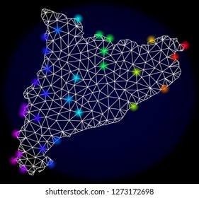 Mesh vector map of Catalonia with glare effect. Light spots have bright spectrum colors. Abstract lines, triangles, light spots and points on a dark background with map of Catalonia.