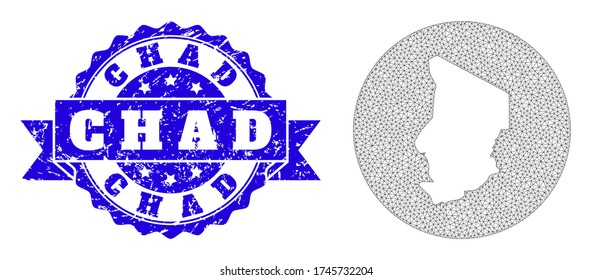 Mesh vector map of Chad with scratched stamp. Triangle mesh map of Chad is a hole in a round shape. Blue round grunge seal stamp with ribbon.