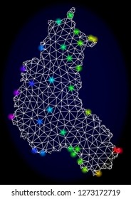 Mesh vector map of Champagne Province with glare effect. Light spots have bright spectrum colors. Abstract lines, triangles, light spots and points on a dark background with map of Champagne Province.