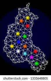 Mesh vector map of Champagne Province with glare effect on a dark background. Abstract lines, triangles, light colorful spots and points forms map of Champagne Province.