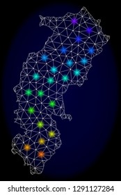 Mesh vector map of Chhattisgarh State with glare effect on a dark background. Light spots have bright spectrum colors. Abstract lines, triangles,