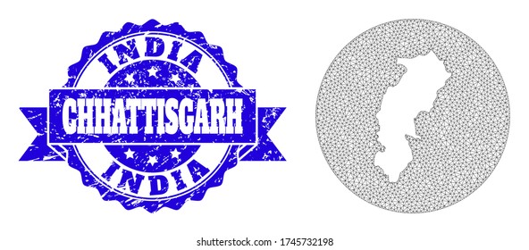Mesh vector map of Chhattisgarh State with grunge seal. Triangular net map of Chhattisgarh State is a hole in a round shape. Blue round textured watermark with ribbon.