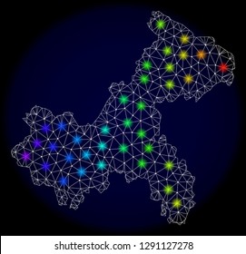 Mesh vector map of Chongqing Municipality with glare effect on a dark background. Light spots have bright rainbow colors. Abstract lines, triangles,