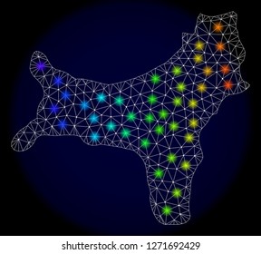 Mesh vector map of Christmas Island with glare effect. Light spots have bright spectrum colors. Abstract lines, triangles, light spots and points on a dark background with map of Christmas Island.