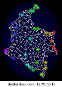 Mesh vector map of Colombia with glare effect. Light spots have bright spectrum colors. Abstract lines, triangles, light spots and points on a dark background with map of Colombia.