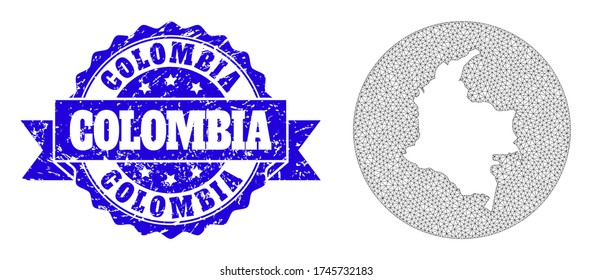 Mesh vector map of Colombia with scratched seal. Triangle net map of Colombia is a hole in a round shape. Blue round textured watermark with ribbon.